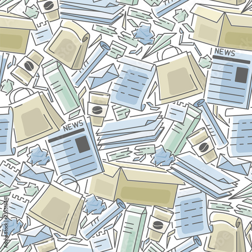 Seamless pattern with waste paper elements.Contour and fill style vector illustration