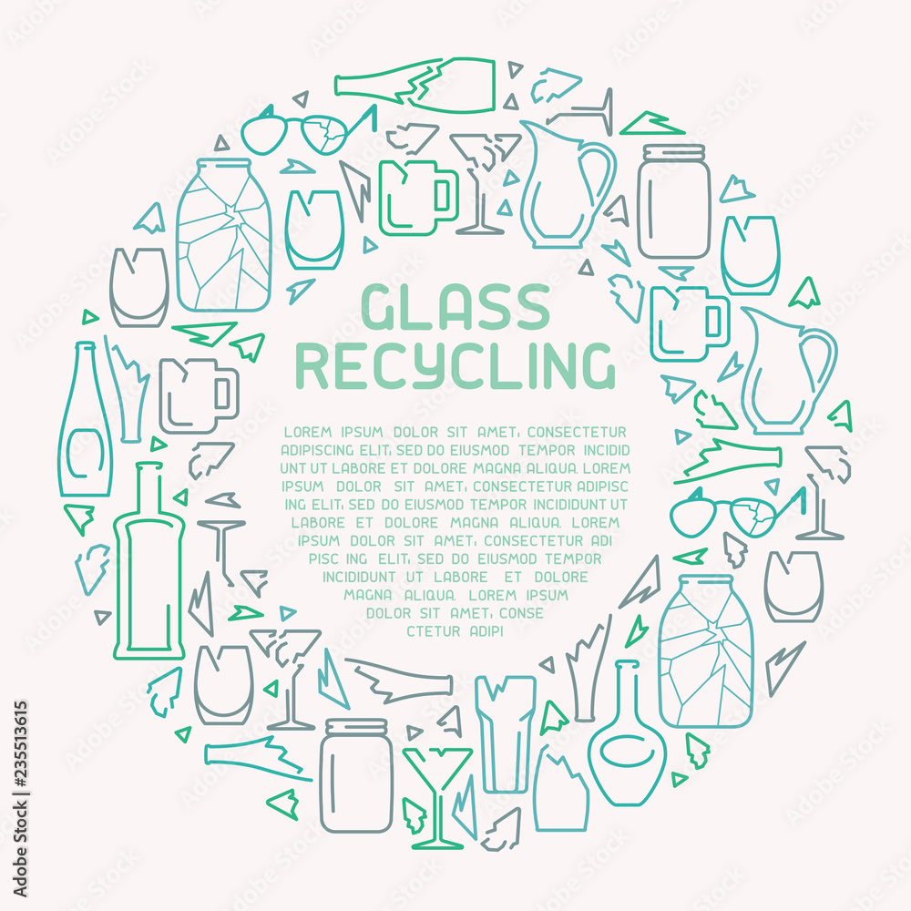 Glass recycling info poster. Line style vector illustration. There is place for your text