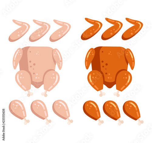 Part cutting of roasted and row chicken. Meat butcher concept. Vector flat cartoon design graphic illustration icon