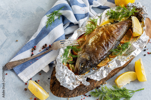 Rainbow trout baked in foil.