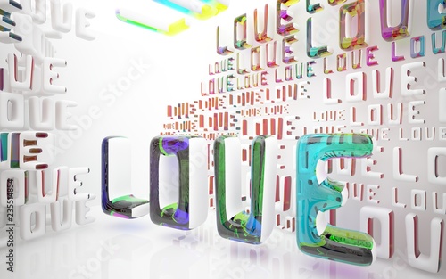 Abstract dynamic interior with white smooth statue of word "love" and colored glass lines. 3D illustration and rendering