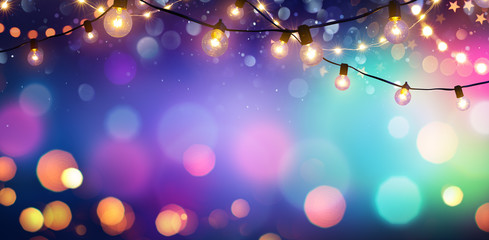 Party - Colorful Bokeh And Retro String Lights In Festive Background 