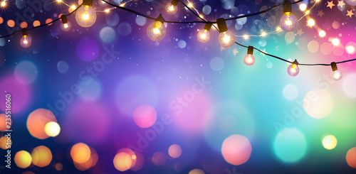 Party - Colorful Bokeh And Retro String Lights In Festive Background 