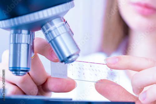 Young woman technician is examining a histological sample, a biopsy in the laboratory of cancer research photo