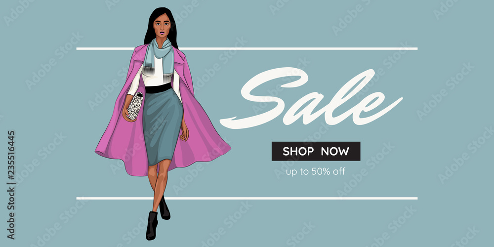 Fashion sale banner with woman fashion outfit, online shopping social  media, voucher or web template with beautiful woman. Winter mood. Blue  background. Vector illustration. Stock Vector | Adobe Stock