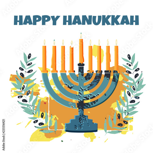 Jewish traditional holiday Hannukah. Greeting card with menorah and text Happy Hanukkah.
