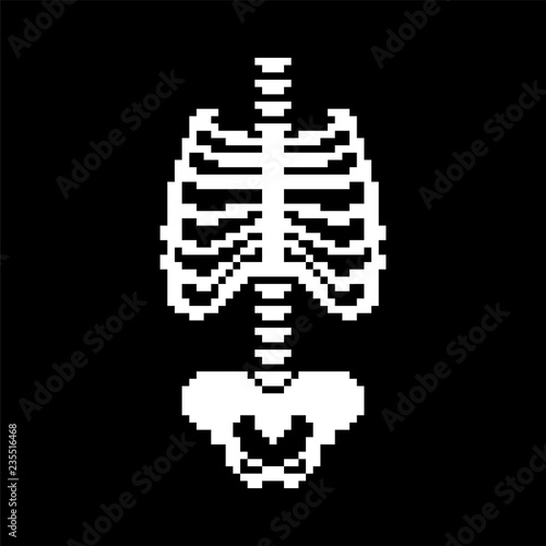 Rib cage and Spinal, Pelvic bone pixel art. Bones anatomy 8 bit. Pixelate Human Skeleton system 16bit. Old game computer graphics style