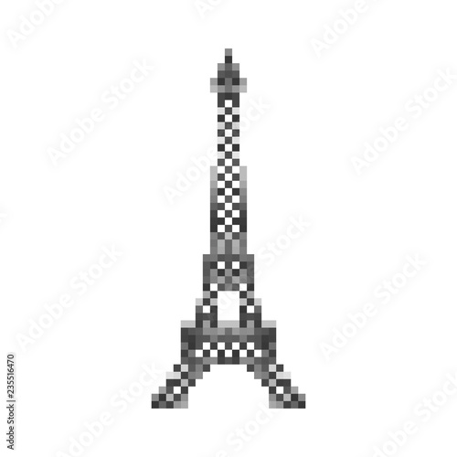 Eiffel Tower pixel art. Paris landmark 8 bit. France showplace Pixelate 16bit. Old game computer graphics style