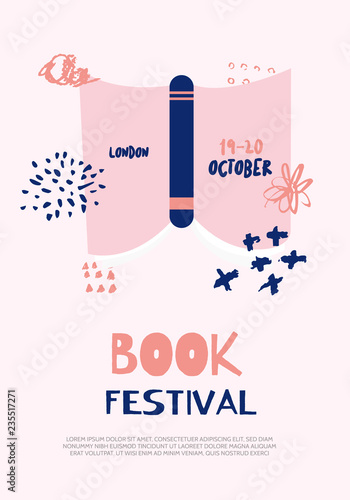 Print Book poster for festival. Modern creative concept with cup and apple