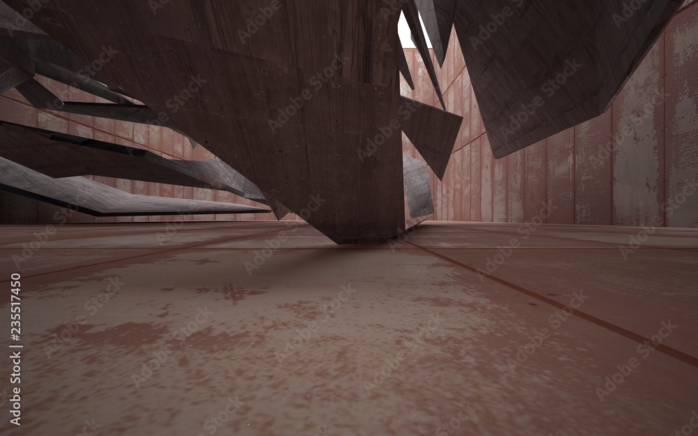 Empty abstract room interior of sheets rusted metal and brown concrete. Architectural background. 3D illustration and rendering Empty abstract room interior of sheets rusted metal and brown concrete. Architectural background. 3D illustration and rendering