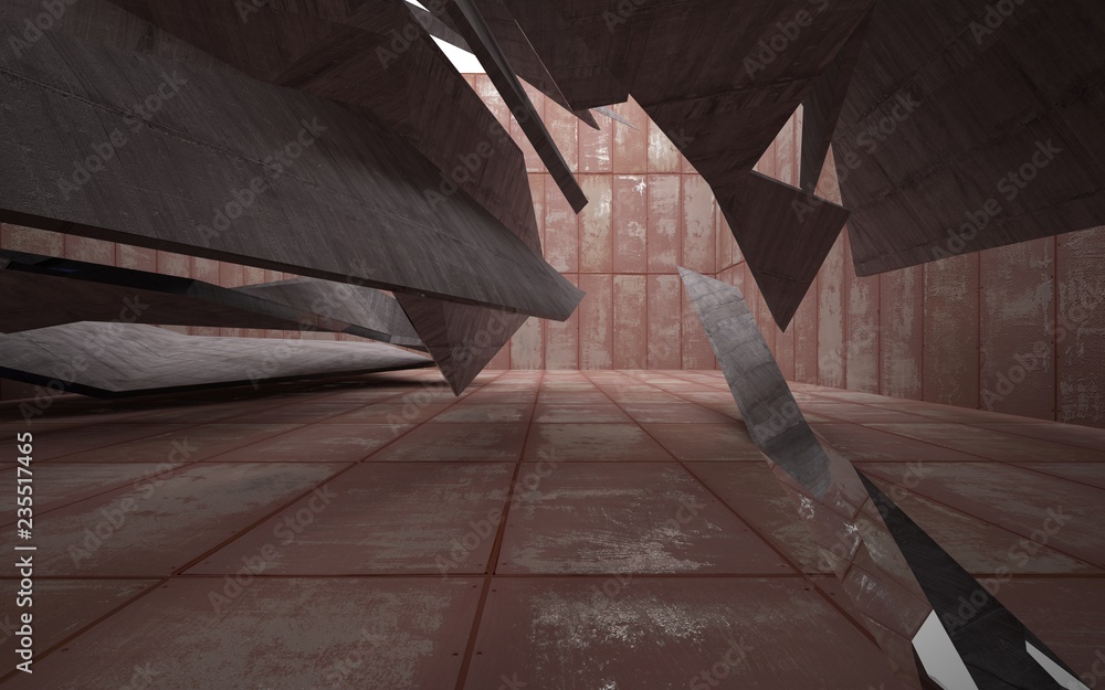 Empty abstract room interior of sheets rusted metal and brown concrete. Architectural background. 3D illustration and rendering Empty abstract room interior of sheets rusted metal and brown concrete. Architectural background. 3D illustration and rendering