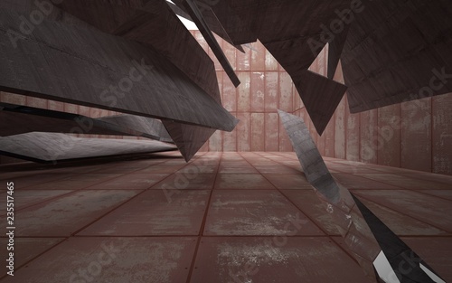 Empty abstract room interior of sheets rusted metal and brown concrete. Architectural background. 3D illustration and rendering