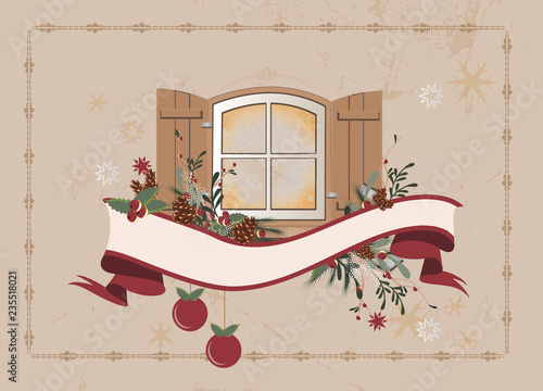 weihnachtlich geschmücktes Fenster einer Hütte mit Banner