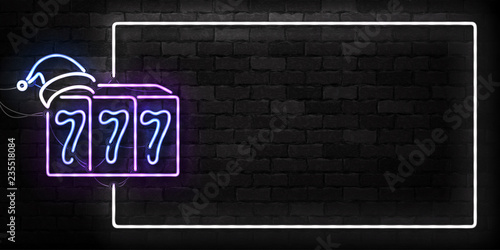 Vector realistic isolated neon sign of Slot Machine logo with Santa hat for decoration and covering on the wall background. Concept of Christmas bonus in casino and free spins.