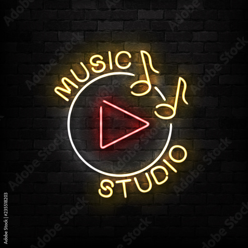 Vector realistic isolated neon sign of Music Studio logo for template decoration and covering on the wall background.