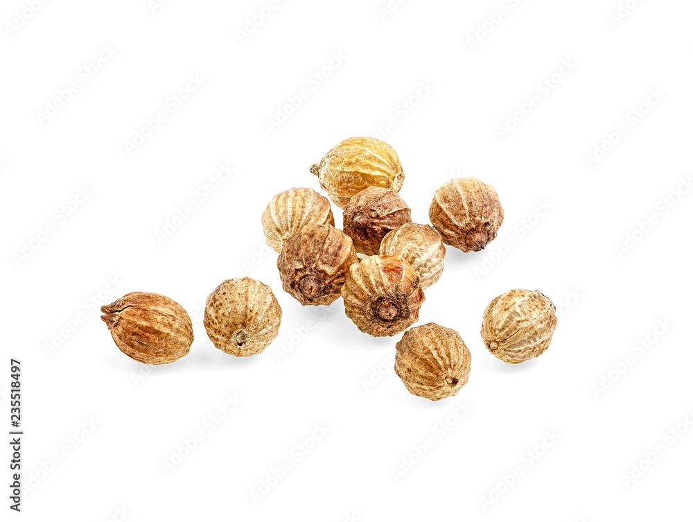 Dry coriander seeds isolated on white background, closeup. Dry coriander seeds isolated on white background, closeup.