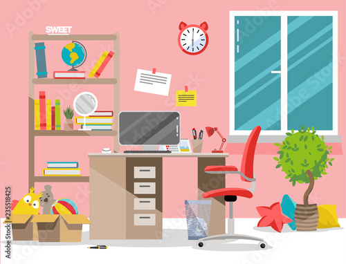 Interior nursery. Girl's room with table, computer, bookshelf,toys in boxes.Flat cartoon vector illustration.Cozy interior of children's room with plant, furniture, window.Teenager room with workplace