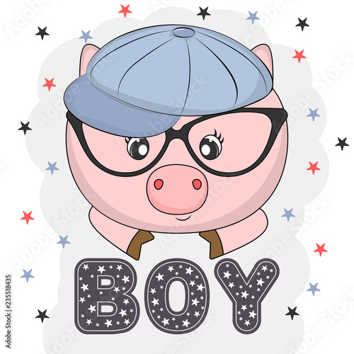 Lovely pig face in glasses isolated on white background with colored stars.