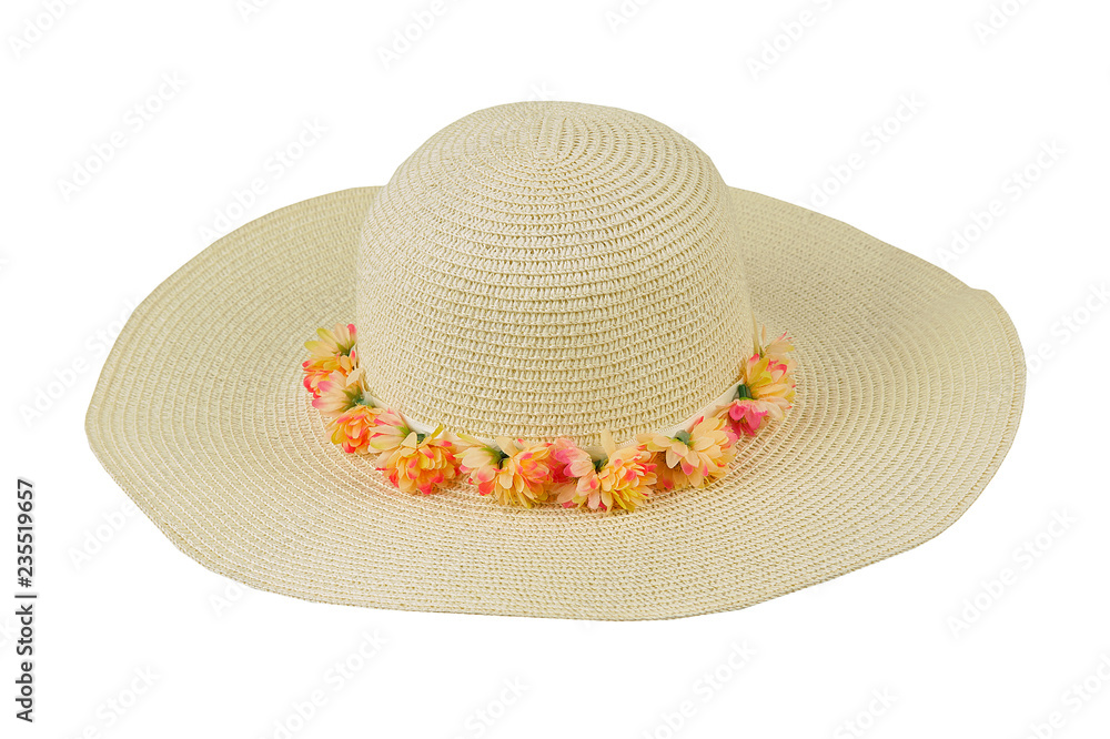 Women`s hat on a white isolated background. Women's beach hat, colorful hat. Women`s hat on a white isolated background. Women's beach hat, colorful hat.