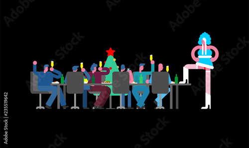 Russia New Year party office. Stripper Snow Maiden Corporate Traditional holiday in Russia at work.  Striptease dancer woman. Colleagues and large table