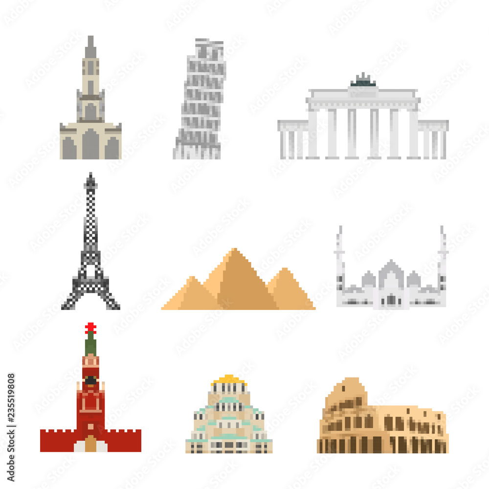 Landmark set pixel art. Collection attraction 8 bit. World showplace Pixelate 16bit. Old game computer graphics style. Eiffel Tower, and Moscow Kremlin. Egyptian pyramids and Roman Colosseum. 