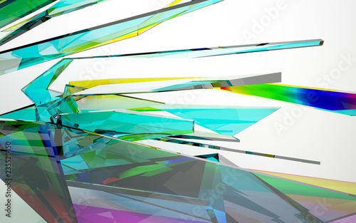 abstract architectural interior with gradient geometric glass sculpture with black lines. 3D illustration and rendering