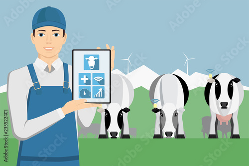 Farmer with tablet computer on a cattle grazing. Internet of things in cattle breeding. Vector illustration