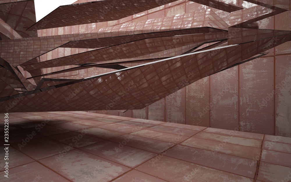 mpty abstract room interior of sheets rusted metal. Architectural background. 3D illustration and rendering