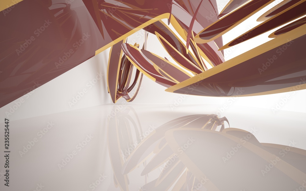 Abstract dynamic interior with brown smoth objects . 3D illustration and rendering