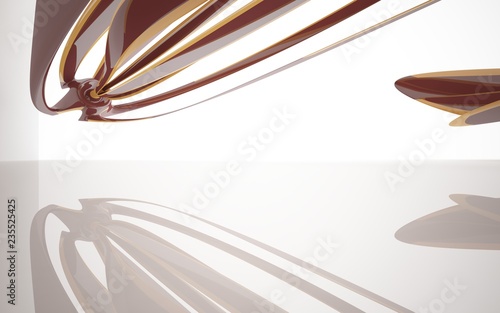 Abstract dynamic interior with brown smoth objects . 3D illustration and rendering