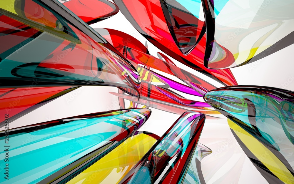Fototapeta abstrakcyjne wnętrze architektoniczne z kolorową rzeźbą z gładkiego szkła z czarnymi liniami. Ilustracja 3D i rendering