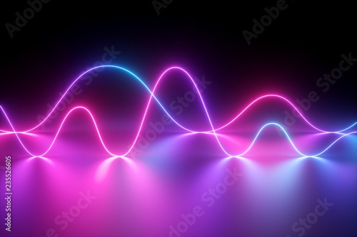 3d render, neon light, laser show, impulse, chart, ultraviolet spectrum, pulse power lines, quantum energy, pink blue violet glowing dynamic line, abstract background, reflection