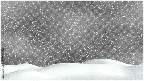 Realistic snow storm illustration. Vector snowdrift with falling snowflakes. Winter background.