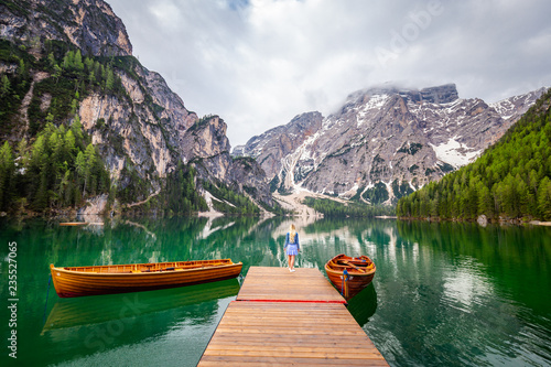 The Pragser Wildsee, or Lake Prags, Lake Braies one of the most famous lakes in the world. Lake is located in dolomite of italy © Koray