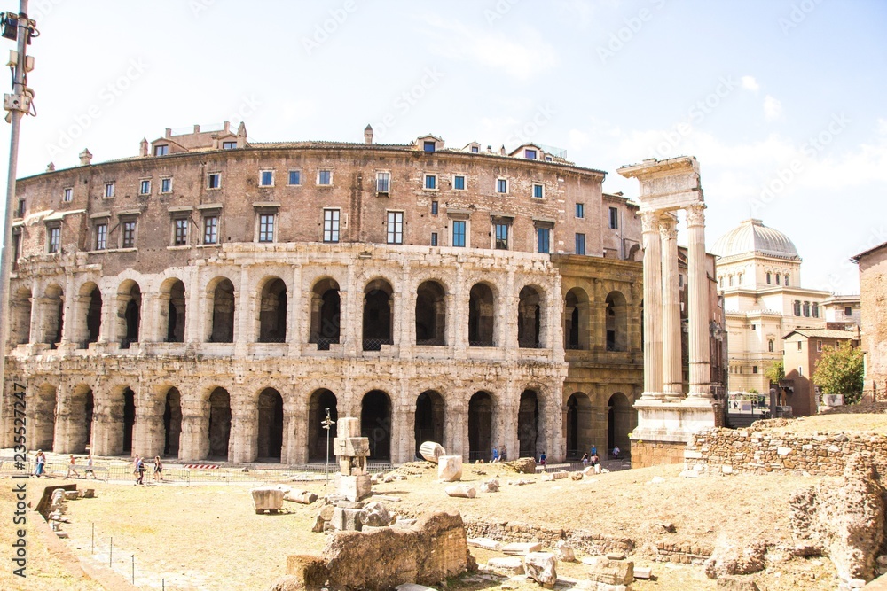 Exterior view of ancient roman marcellus theater building. Theatre of Marcellus (Teatro di Marcello) is an ancient open-air theatre in Rome, Italy. Rome architecture and landmark.
