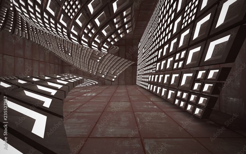 Empty abstract room interior of sheets rusted metal and brown concrete. Architectural background. 3D illustration and rendering Empty abstract room interior of sheets rusted metal and brown concrete. Architectural background. 3D illustration and rendering