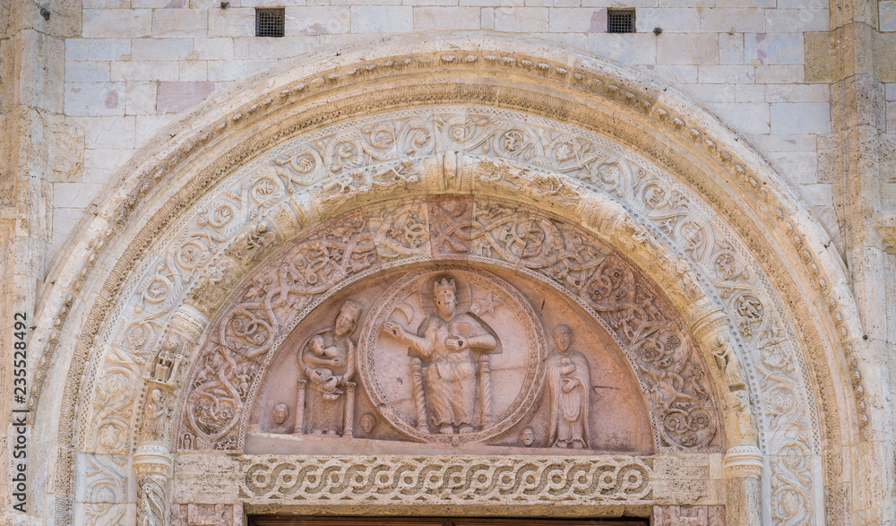 Bas relieft on the main door of the Cathedral of San Rufino in Assisi, Umbria, central Italy.