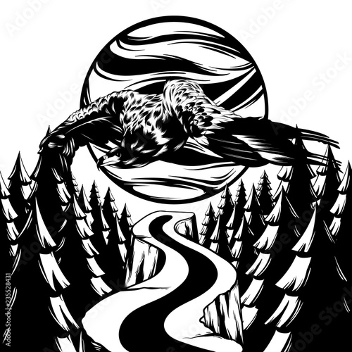 Vector hand drawn illustration of eagle in wood. Surreal Tattoo artwork.  Template for card, poster, banner, print for t-shirt.