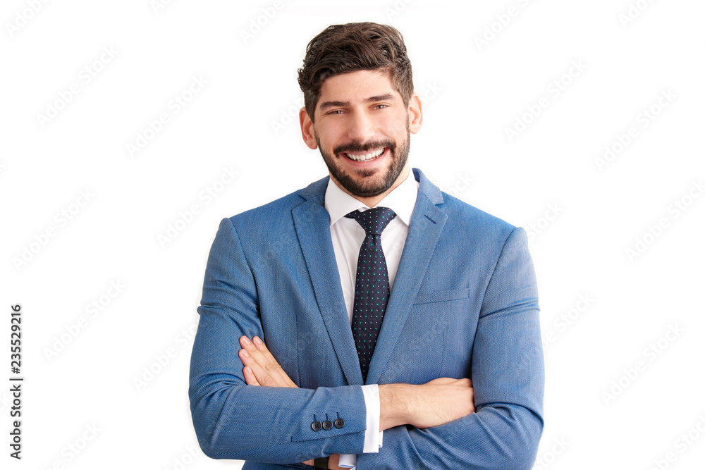 Businessman standing at isolated white background and wearing suit Businessman standing at isolated white background and wearing suit