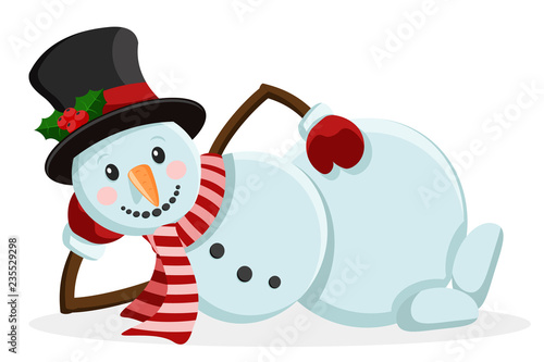 Cheerful snowman in hat and scarf lying.