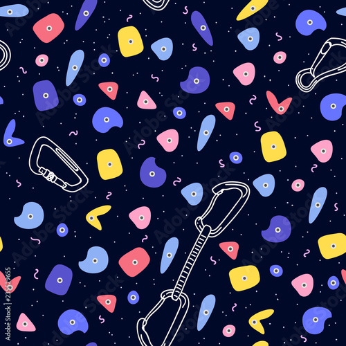 Pattern with climbing grips, carabines and quickdraws on the dark background. Colorful vector illustration for banners or print on textile