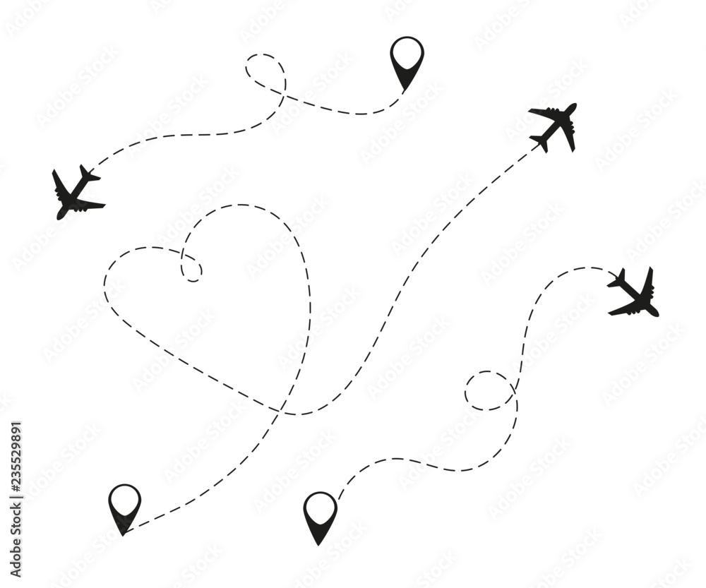 Airplane is in a dotted line. The waypoint is for a tourist trip. Vector illustration on a white background. Tourism and travel. Airplane is in a dotted line. The waypoint is for a tourist trip. Vector illustration on a white background. Tourism and travel.