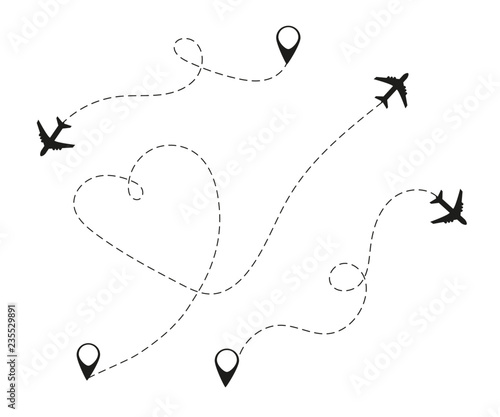 Airplane is in a dotted line. The waypoint is for a tourist trip. Vector illustration on a white background. Tourism and travel.