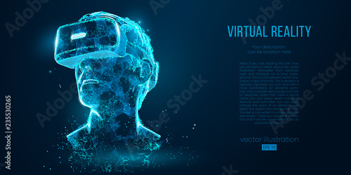 VR headset holographic projection virtual reality glasses, helmet. Low poly wire outline geometric vector illustration. Particles, lines and triangles on blue background. Neon light. photo