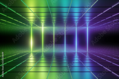 3d render, abstract background, empty room, night club stage, neon lights, matrix, virtual reality environment, grid, ultraviolet spectrum, laser show, glowing lines, cage,