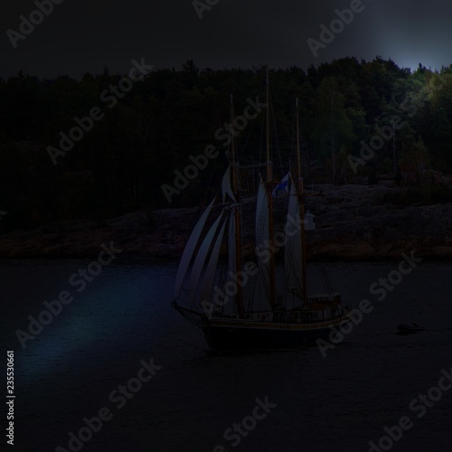 Obraz na płótnie Sail ship. Photo in vintage image style. Night shot w salonie