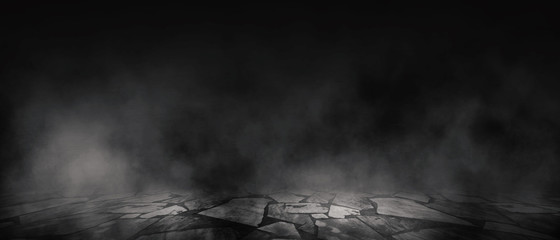 Background of empty room, street, neon light, smoke, fog, asphalt, concrete floor