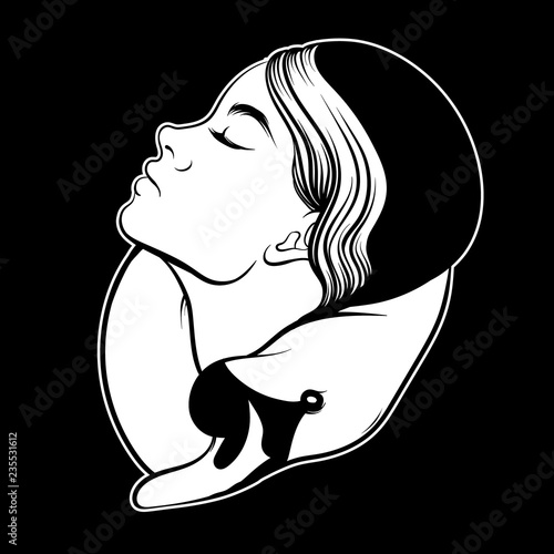 Vector hand drawn illustration  of  girl with swan . Surreal tattoo artwork . Template for card, poster, banner, print for t-shirt.