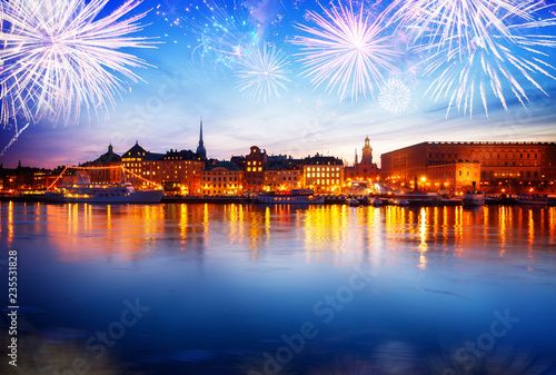 night skyline of the Gamla Stan Old Town in Stockholm with fiewworks, Sweden © neirfy