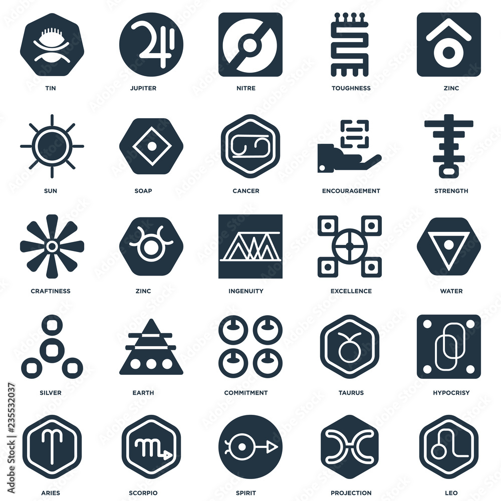 Elements Such As Leo, Projection, Spirit, Scorpio, Aries, Strength, Excellence, Commitment, Silver, Sun, Nitre, Jupiter icon vector illustration on white background. Universal 25 icons set.